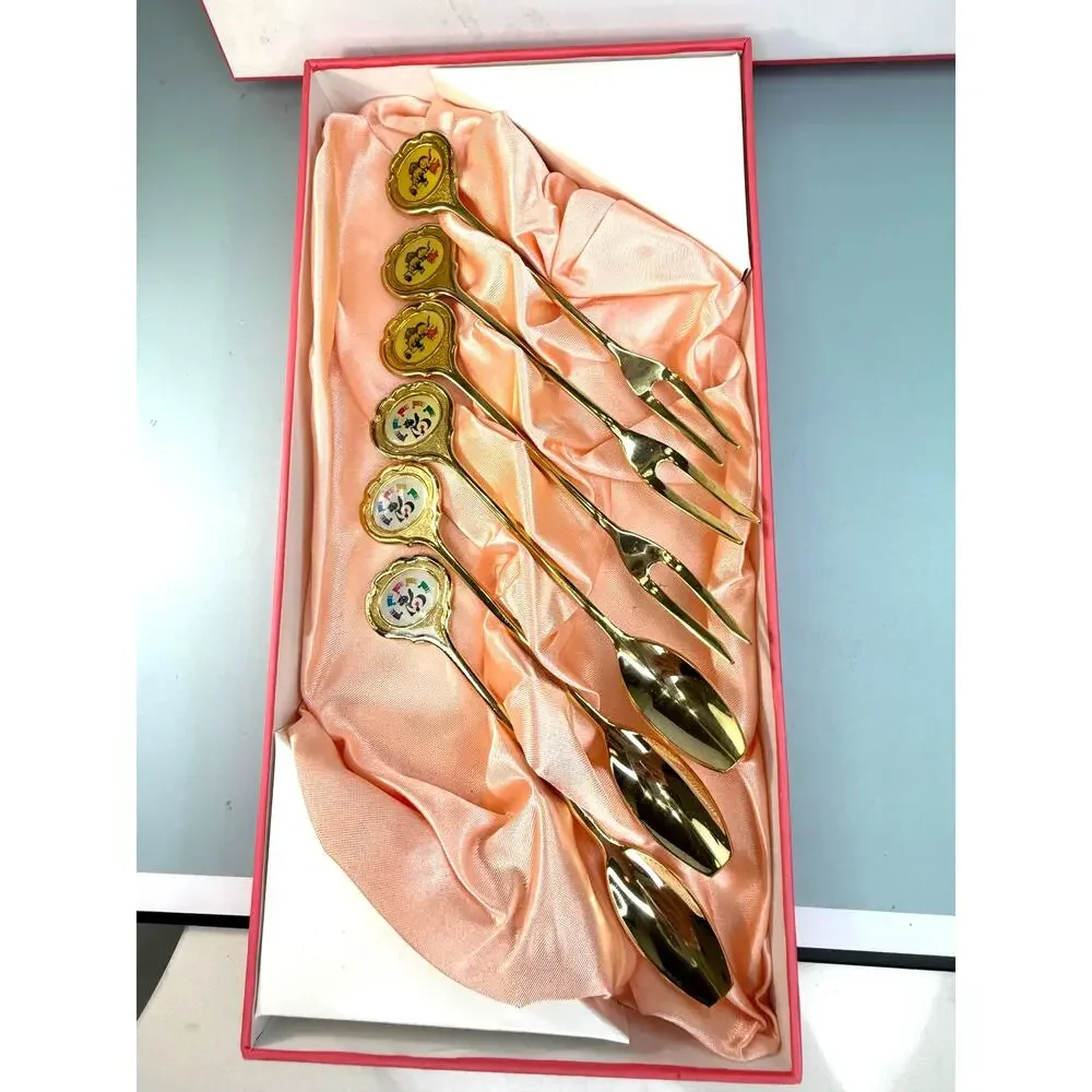 NIB 1994 Korean Gold Plated Stainless Enamel Spoon and Fork Appetizer Set of 6